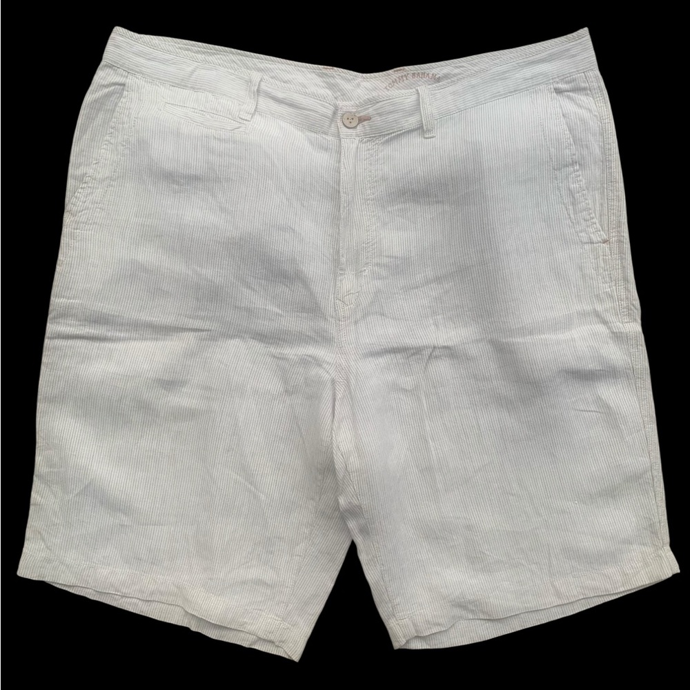 Tommy Bahama Relax Linen Shorts Mens 40 Beige Striped Casual Flat Front 5 Pocket
